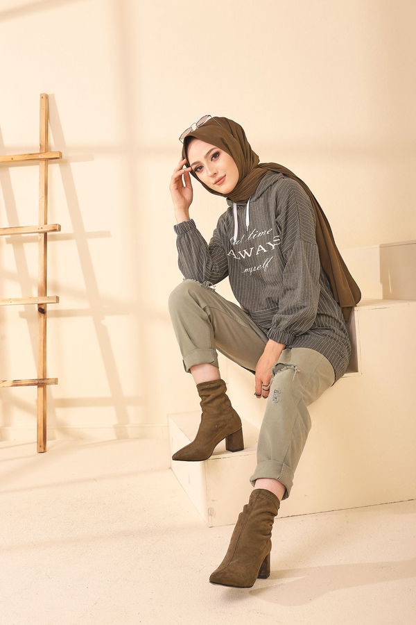 Düz Kapşonlu Yaka Kadın Haki 4156 TUNIK - 4156