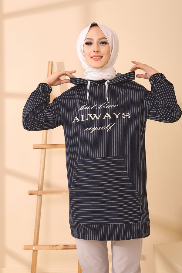 Düz Kapşonlu Yaka Kadın Lacivert 4156 TUNIK - 4156 LACİVERT