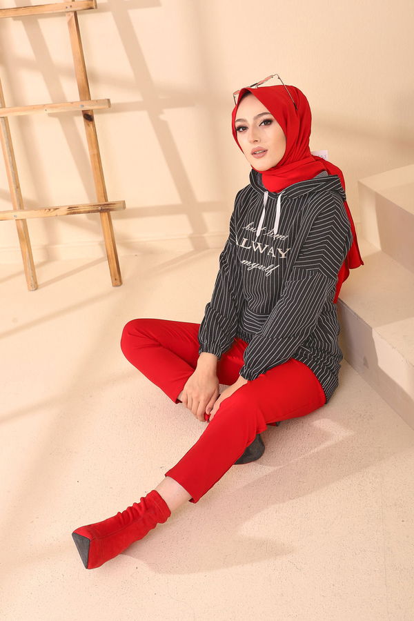 Düz Kapşonlu Yaka Kadın Siyah 4156 TUNIK - 4156