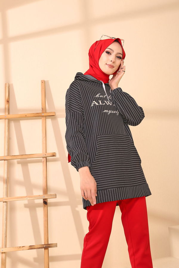 Düz Kapşonlu Yaka Kadın Siyah 4156 TUNIK - 4156