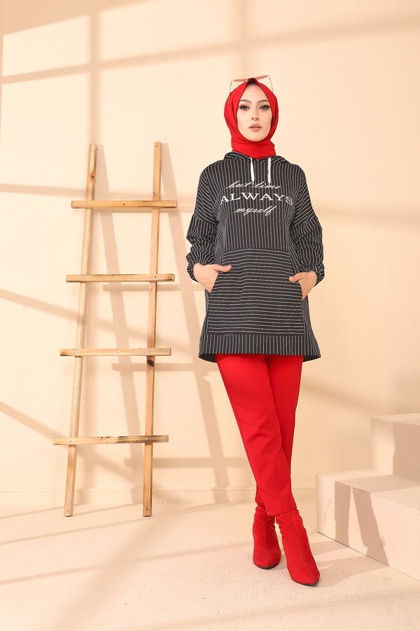 Düz Kapşonlu Yaka Kadın Siyah 4156 TUNIK - 4156