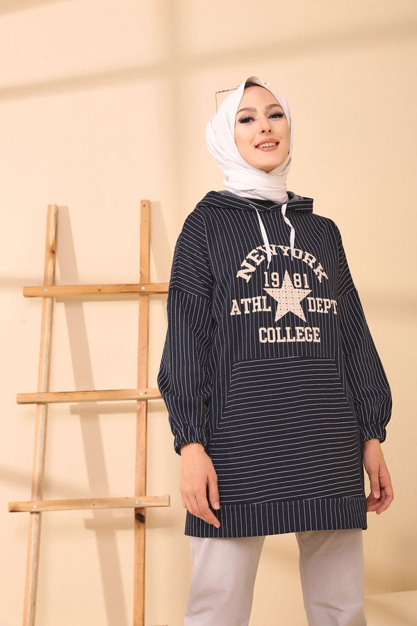 Düz Kapşonlu Yaka Kadın Lacivert 4159 TUNIK - 4159