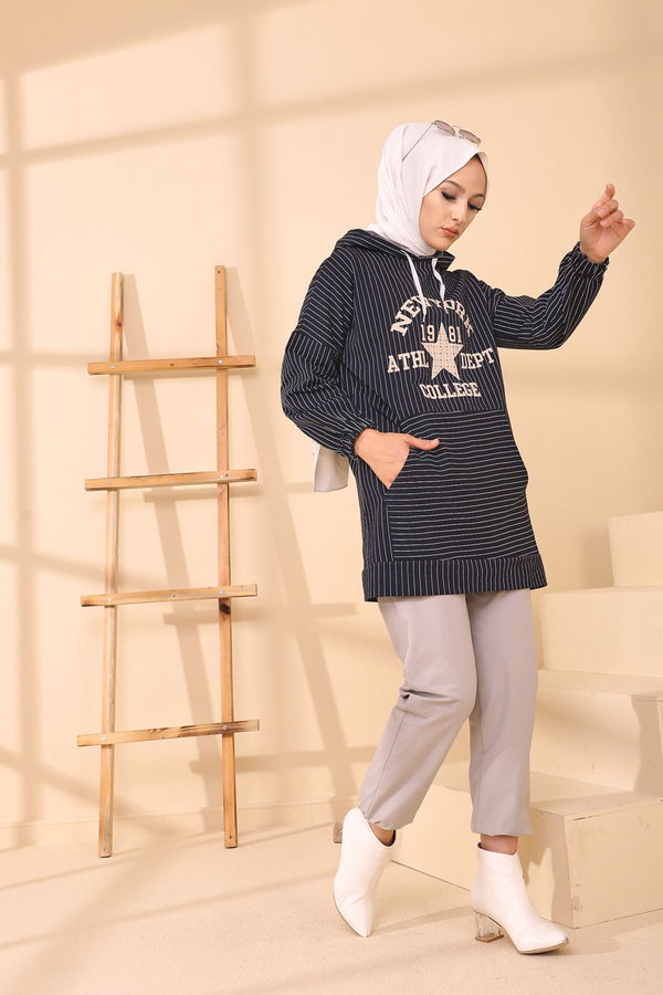 Düz Kapşonlu Yaka Kadın Lacivert 4159 TUNIK - 4159