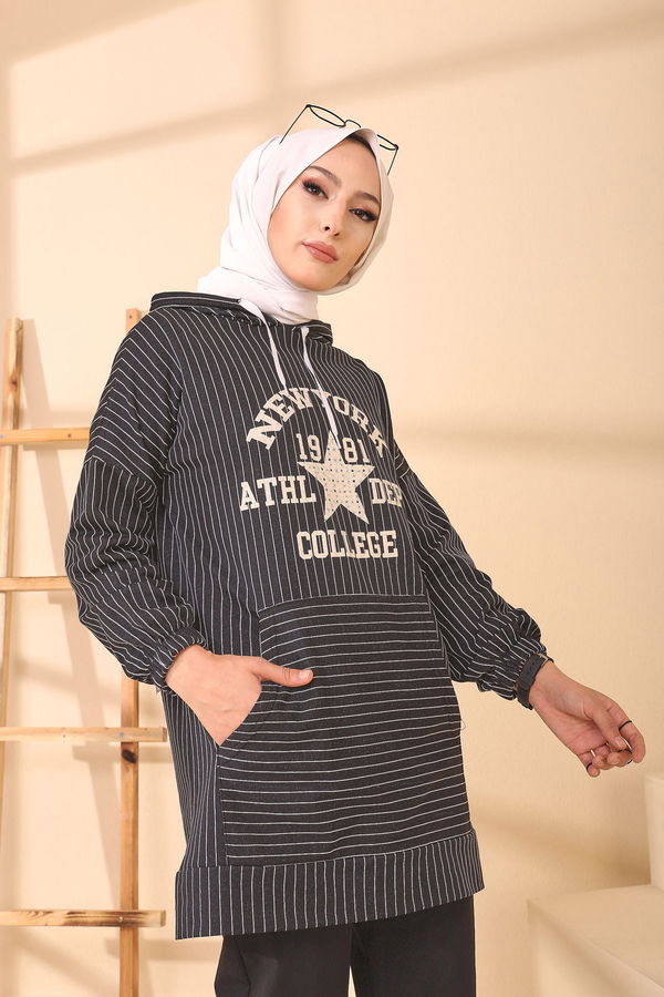 Düz Kapşonlu Yaka Kadın Siyah 4159 TUNIK - 4159