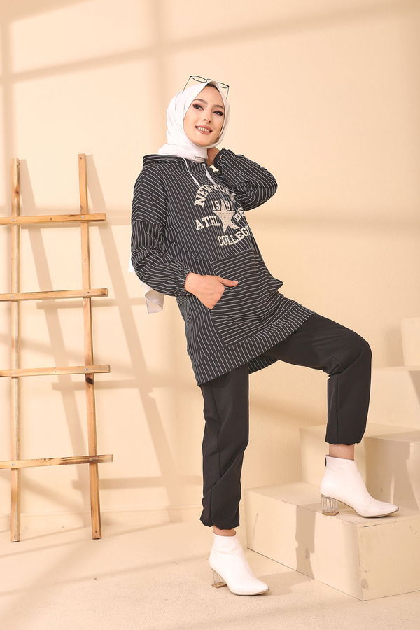 Düz Kapşonlu Yaka Kadın Siyah 4159 TUNIK - 4159