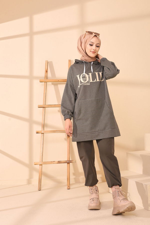 Düz Kapşonlu Yaka Kadın Haki 4160 TUNIK - 4160 HAKİ