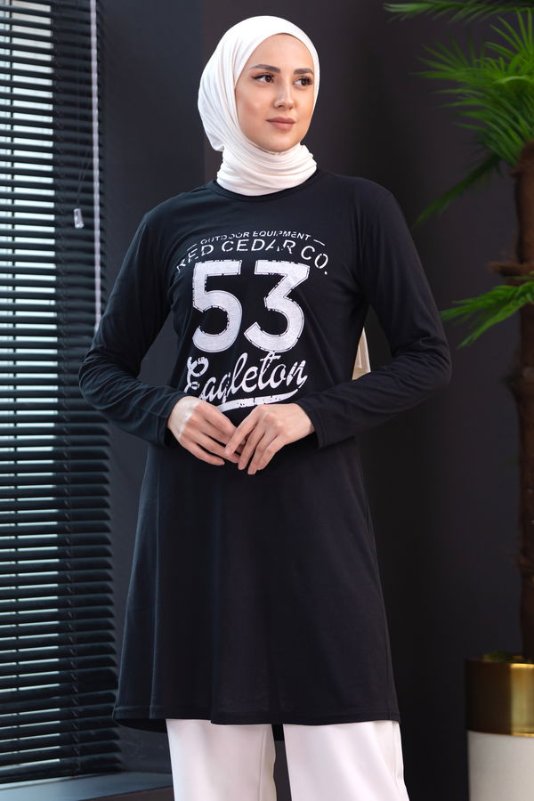 Düz Bisiklet Yaka Kadın Siyah TUNIK - 3609 SİYAH