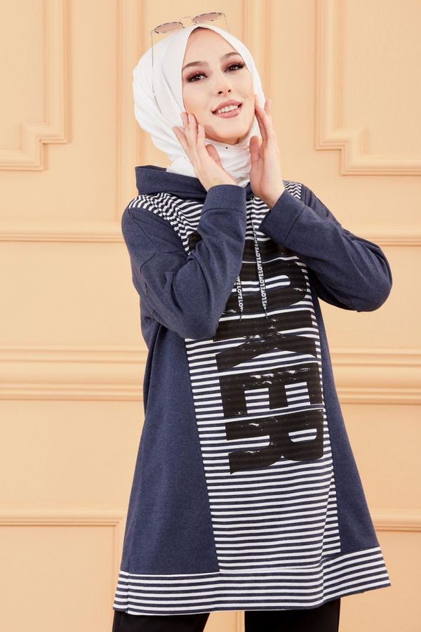 Düz Orta Kadın Lacivert BASKILI TUNIK - 8752 LACİVERT