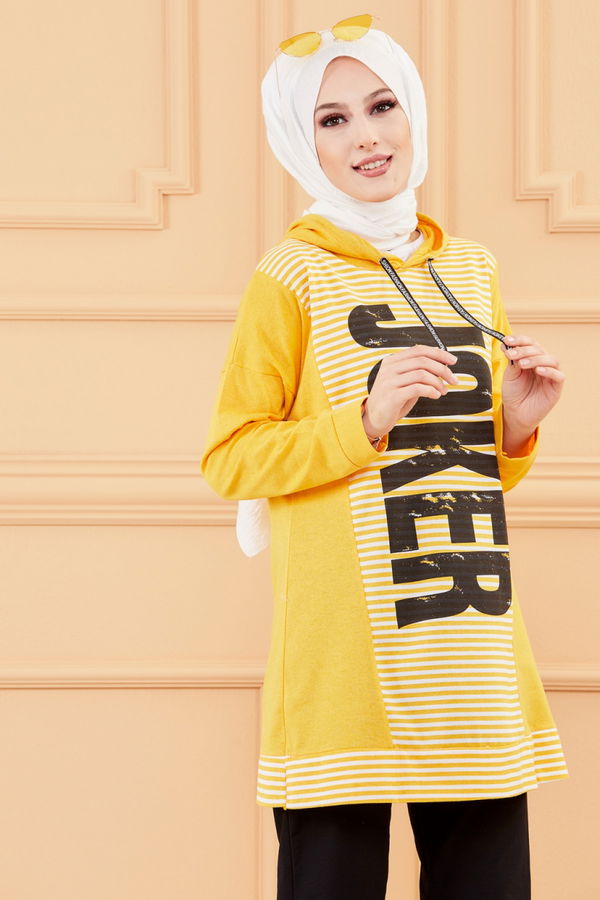 Düz Orta Kadın Sarı BASKILI TUNIK - 8752 Sarı