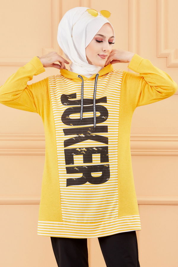 Düz Orta Kadın Sarı BASKILI TUNIK - 8752 Sarı