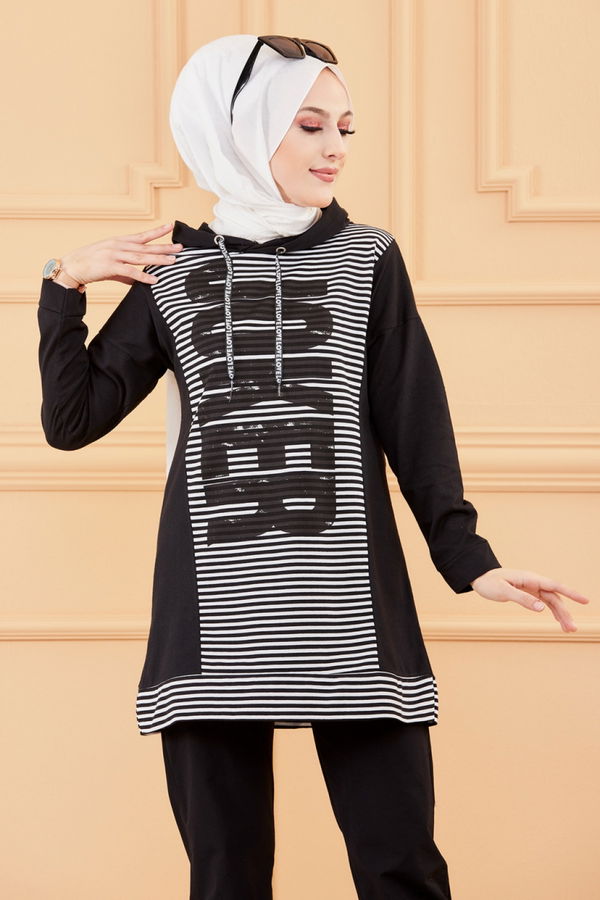 Düz Orta Kadın Siyah BASKILI TUNIK - 8752 SİYAH