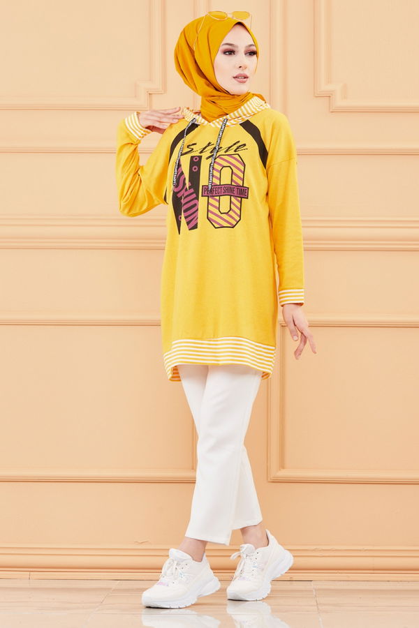Düz Orta Kadın Sarı BASKILI TUNIK - 8756
