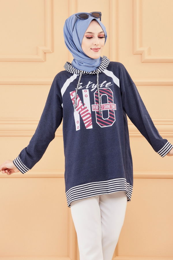 Düz Orta Kadın Lacivert BASKILI TUNIK - 8756