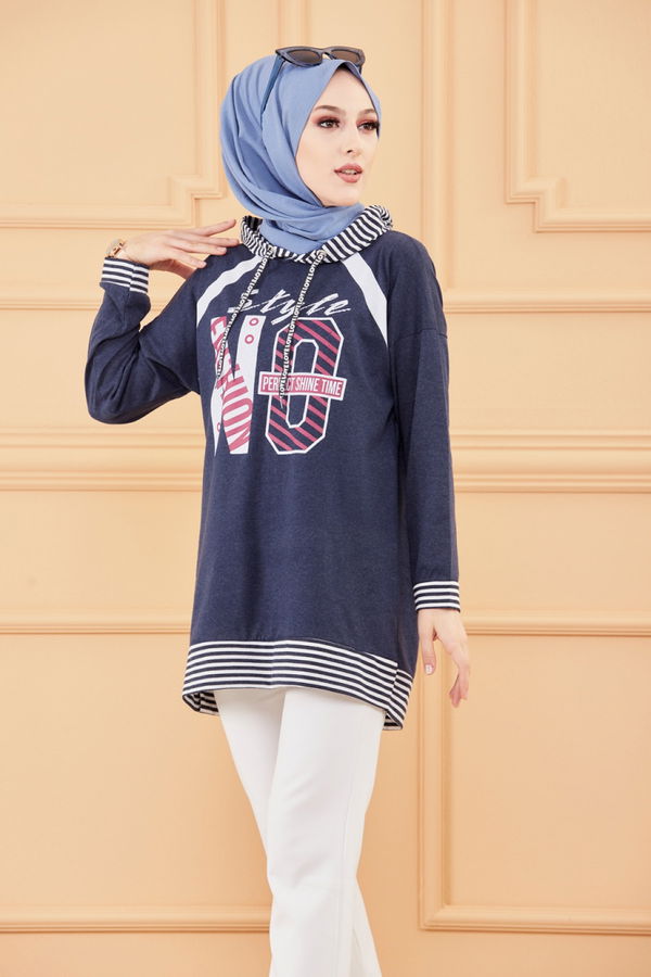 Düz Orta Kadın Lacivert BASKILI TUNIK - 8756