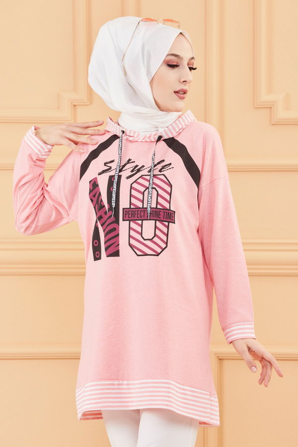 Düz Orta Kadın Pembe BASKILI TUNIK - 8756 PEMBE