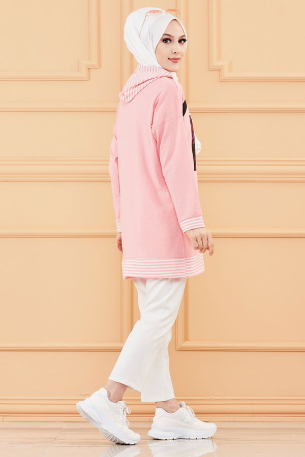 Düz Orta Kadın Pembe BASKILI TUNIK - 8756 PEMBE