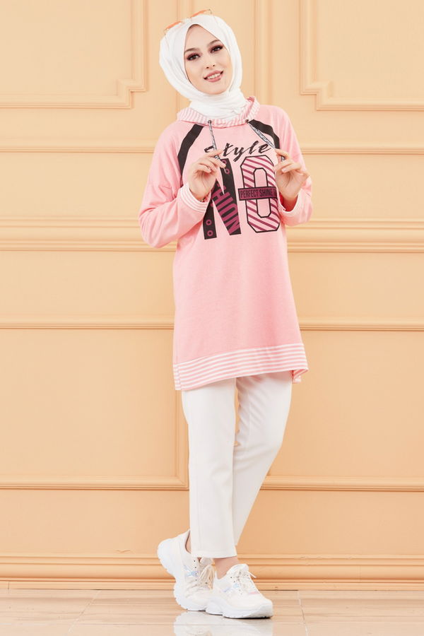 Düz Orta Kadın Pembe BASKILI TUNIK - 8756 PEMBE