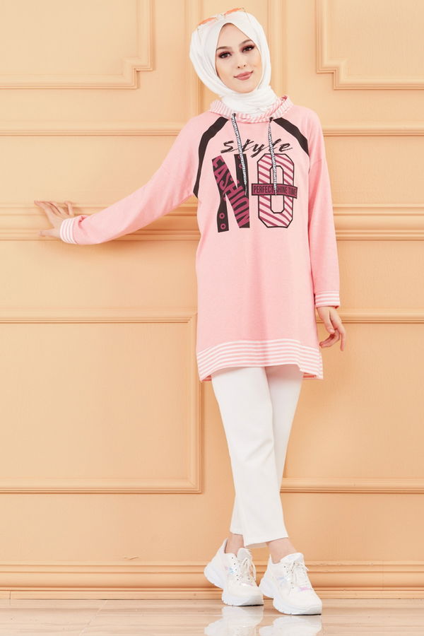 Düz Orta Kadın Pembe BASKILI TUNIK - 8756 PEMBE