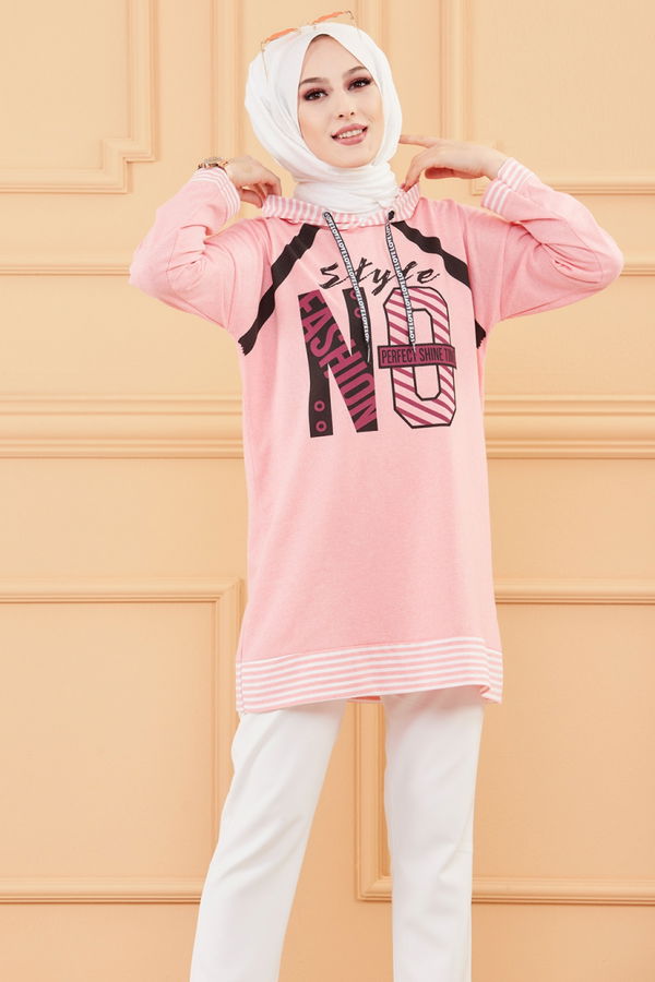 Düz Orta Kadın Pembe BASKILI TUNIK - 8756 PEMBE