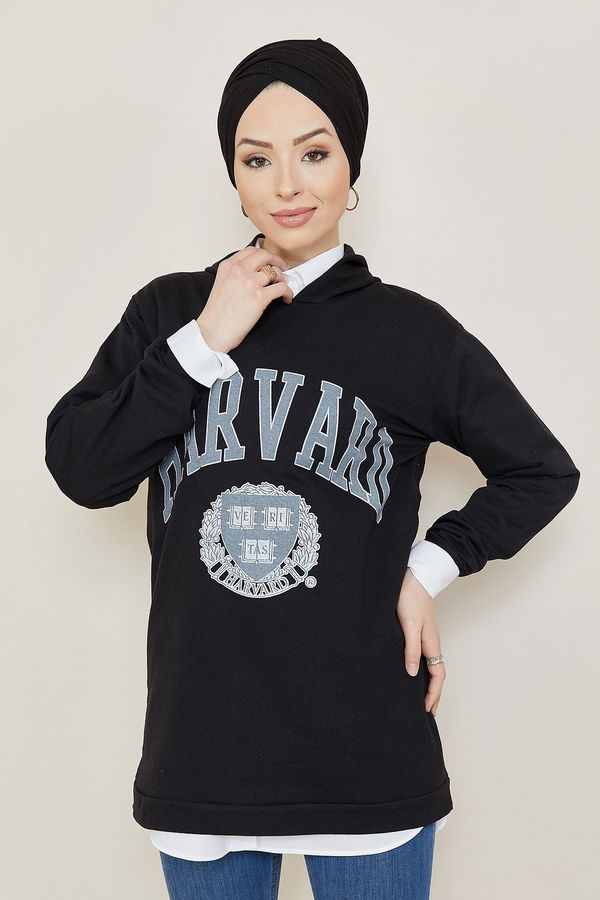 Düz Orta Kadın Siyah Baskılı Sweat - 8865