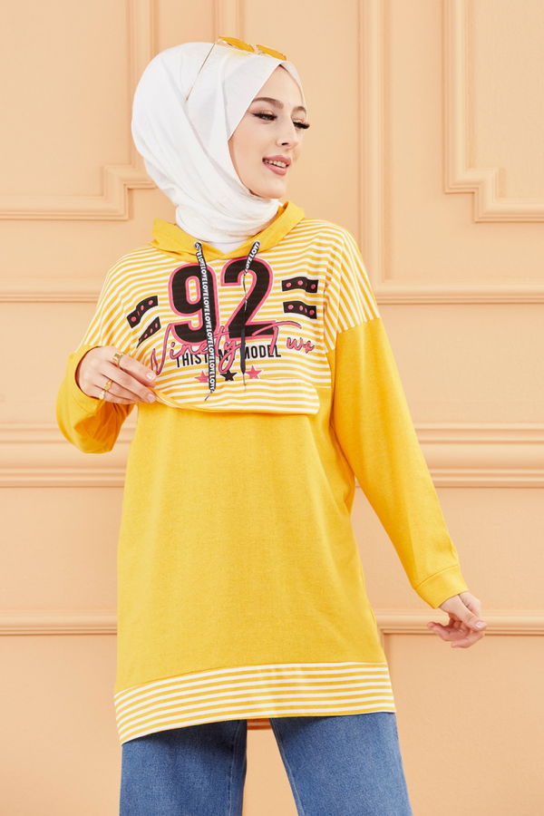 Düz Orta Kadın Sarı BASKILI TUNIK - 8757