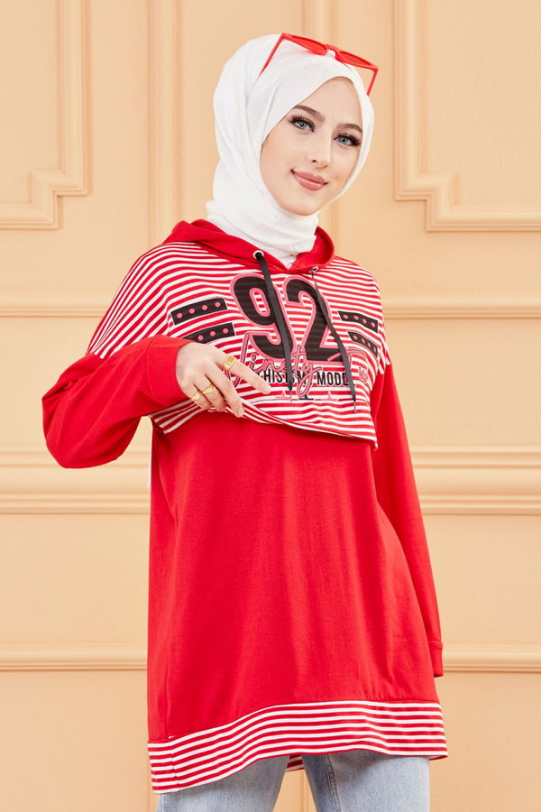 Düz Orta Kadın Kırmızı BASKILI TUNIK - 8757 Kırmızı