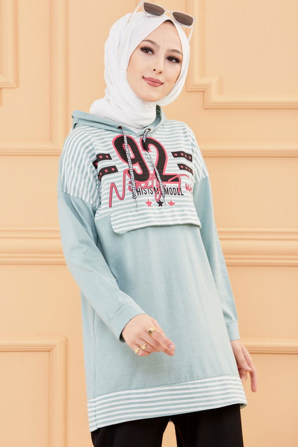 Düz Orta Kadın Yeşil BASKILI TUNIK - 8757 YEŞİL