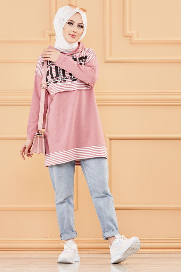 Düz Orta Kadın Pembe BASKILI TUNIK - 8758