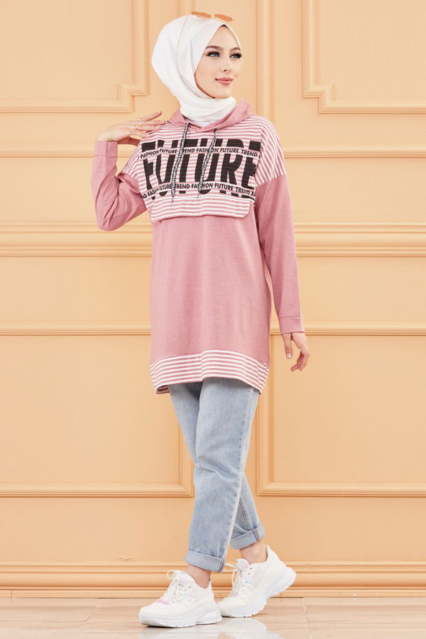 Düz Orta Kadın Pembe BASKILI TUNIK - 8758
