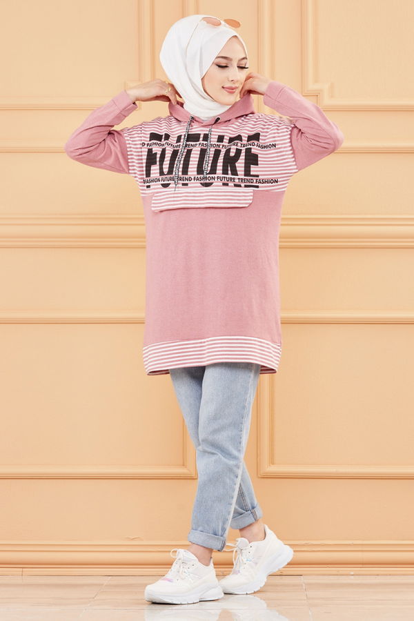 Düz Orta Kadın Pembe BASKILI TUNIK - 8758