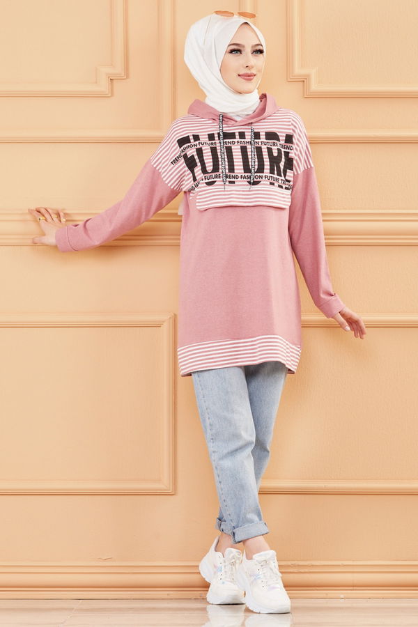 Düz Orta Kadın Pembe BASKILI TUNIK - 8758