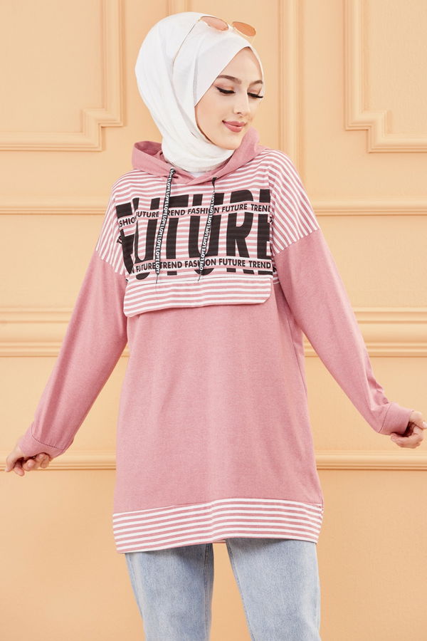 Düz Orta Kadın Pembe BASKILI TUNIK - 8758