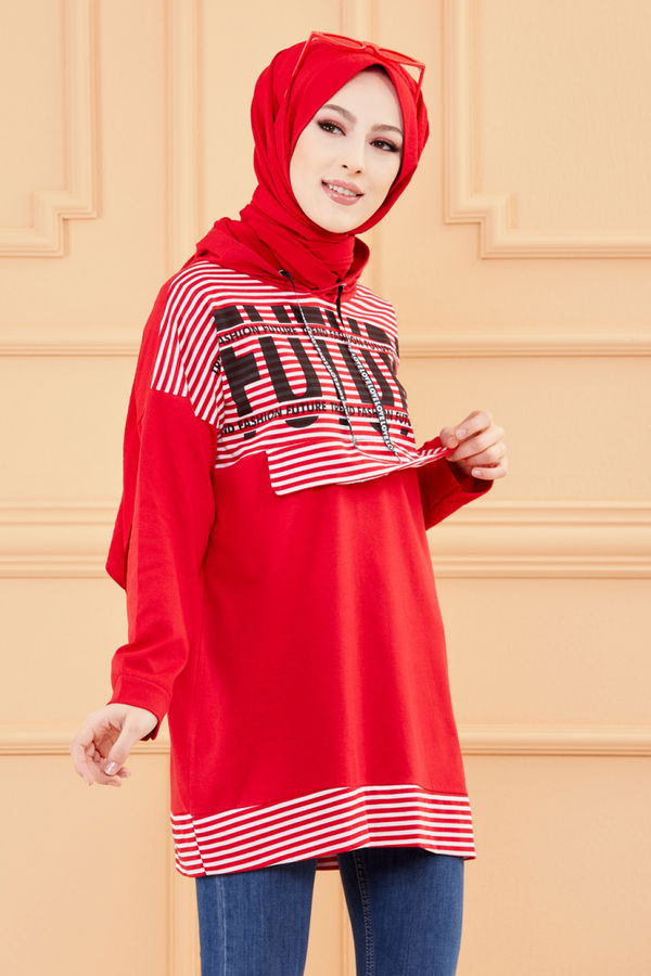Düz Orta Kadın Kırmızı BASKILI TUNIK - 8758 Kırmızı