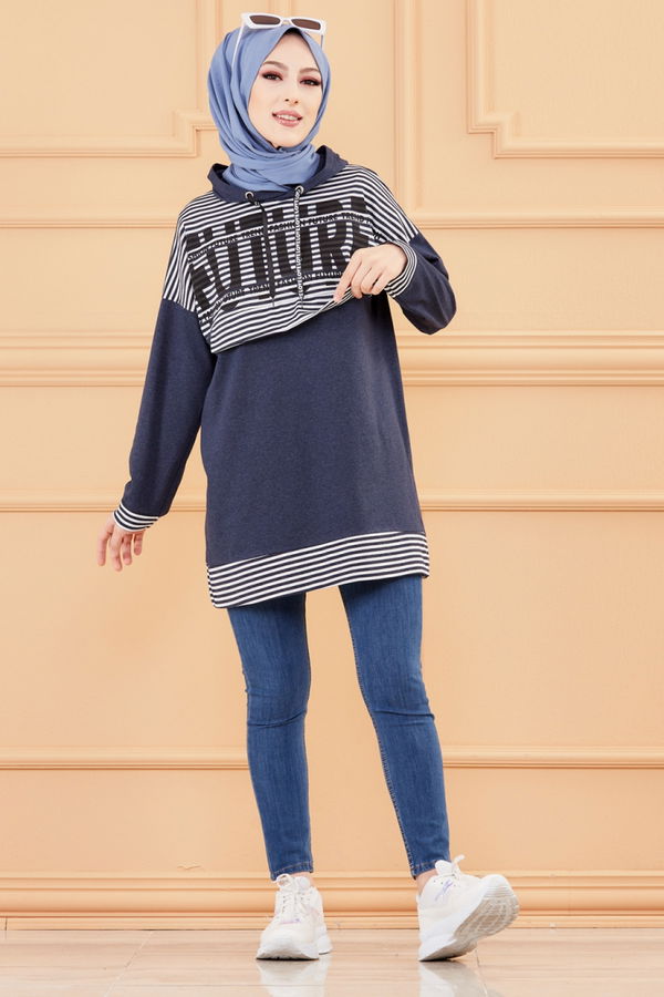 Düz Orta Kadın Lacivert BASKILI TUNIK - 8758 LACİVERT