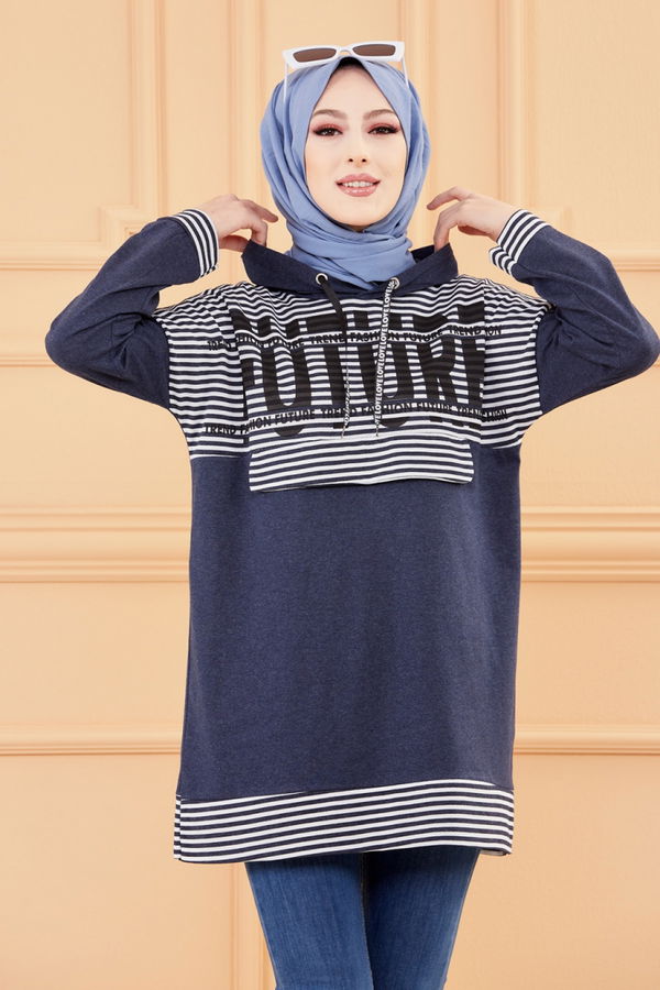 Düz Orta Kadın Lacivert BASKILI TUNIK - 8758 LACİVERT