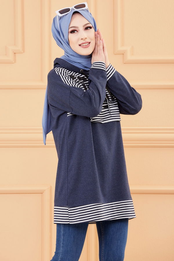 Düz Orta Kadın Lacivert BASKILI TUNIK - 8758 LACİVERT