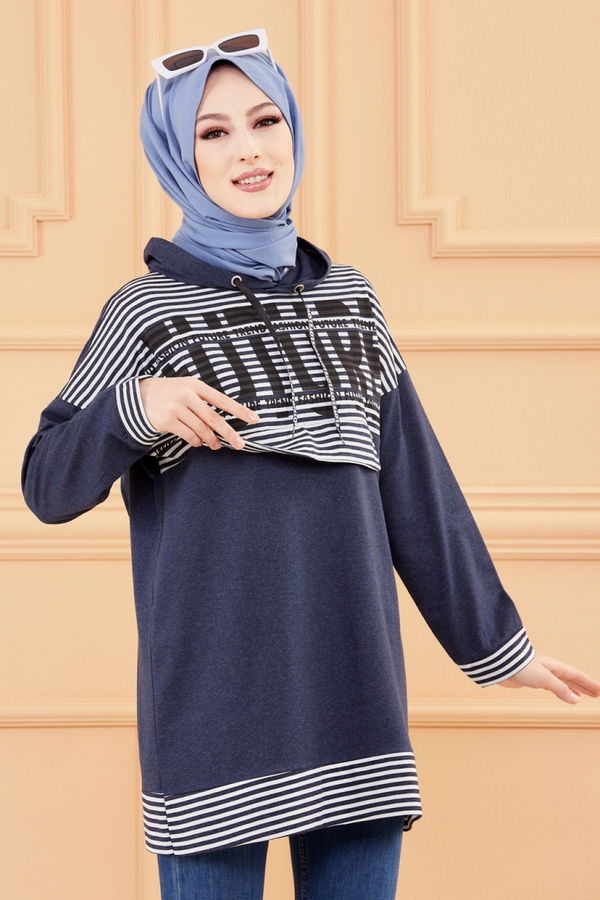 Düz Orta Kadın Lacivert BASKILI TUNIK - 8758 LACİVERT