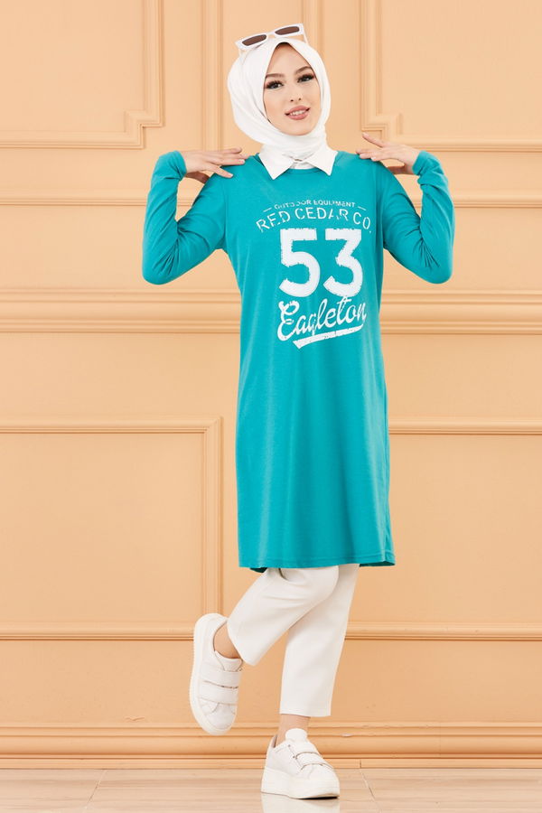 Düz Bisiklet Yaka Kadın Yeşil TUNIK - 3609