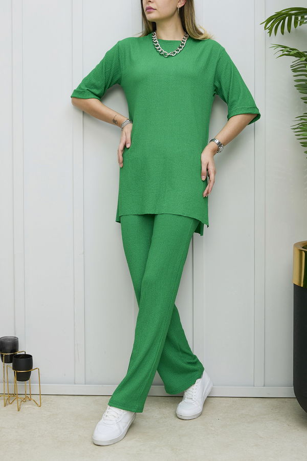 Düz Bisiklet Yaka Kadın Yeşil Tunik Pantolon - 21974 YEŞİL