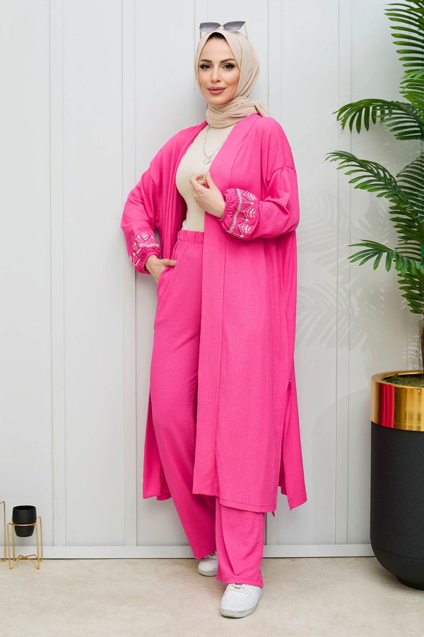 Düz Orta Kadın Fuşya Kimono+Pantolon - 21988