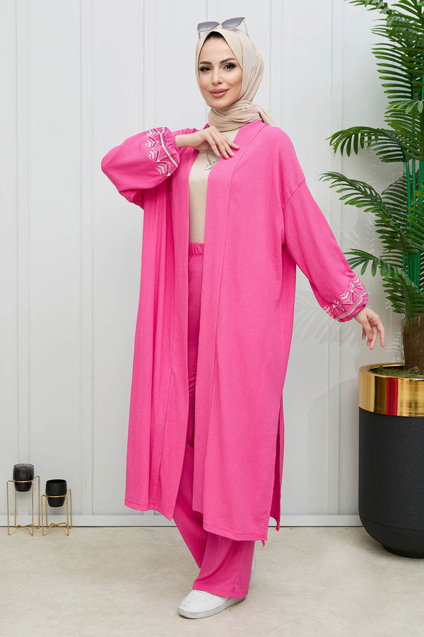Düz Orta Kadın Fuşya Kimono+Pantolon - 21988