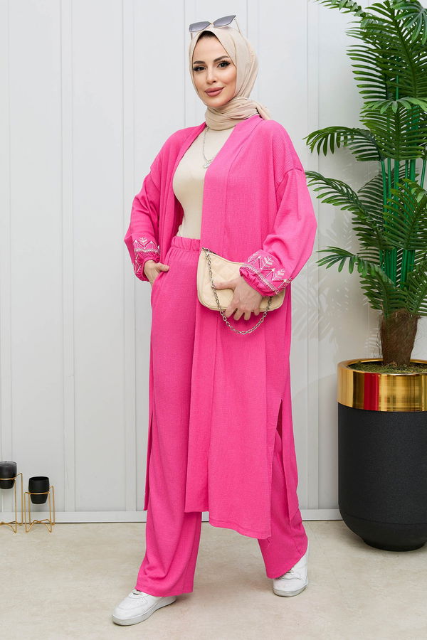 Düz Orta Kadın Fuşya Kimono+Pantolon - 21988