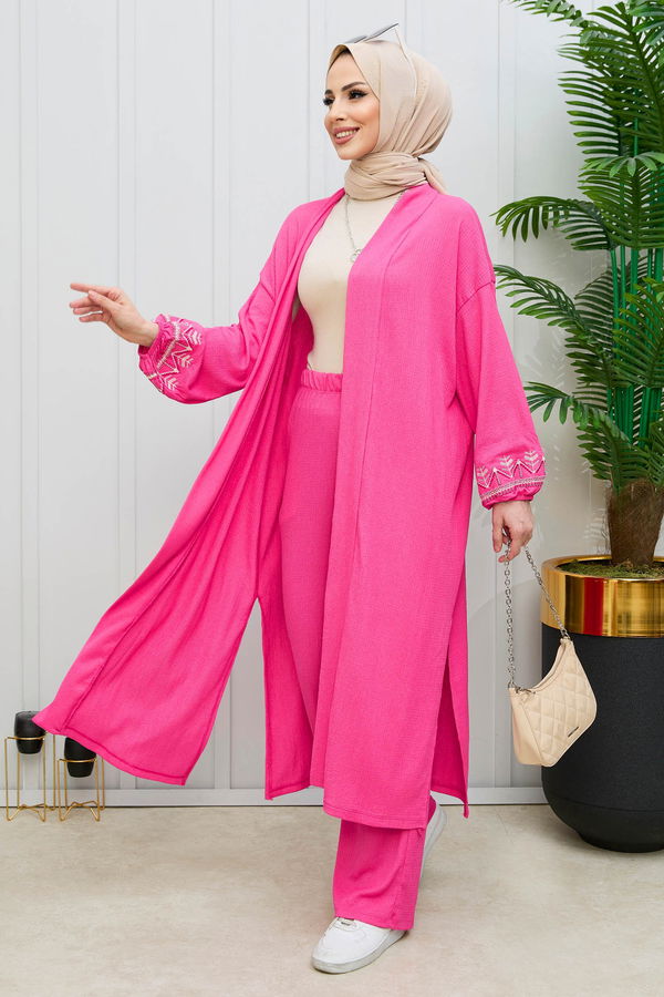 Düz Orta Kadın Fuşya Kimono+Pantolon - 21988