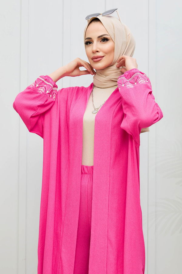 Düz Orta Kadın Fuşya Kimono+Pantolon - 21988