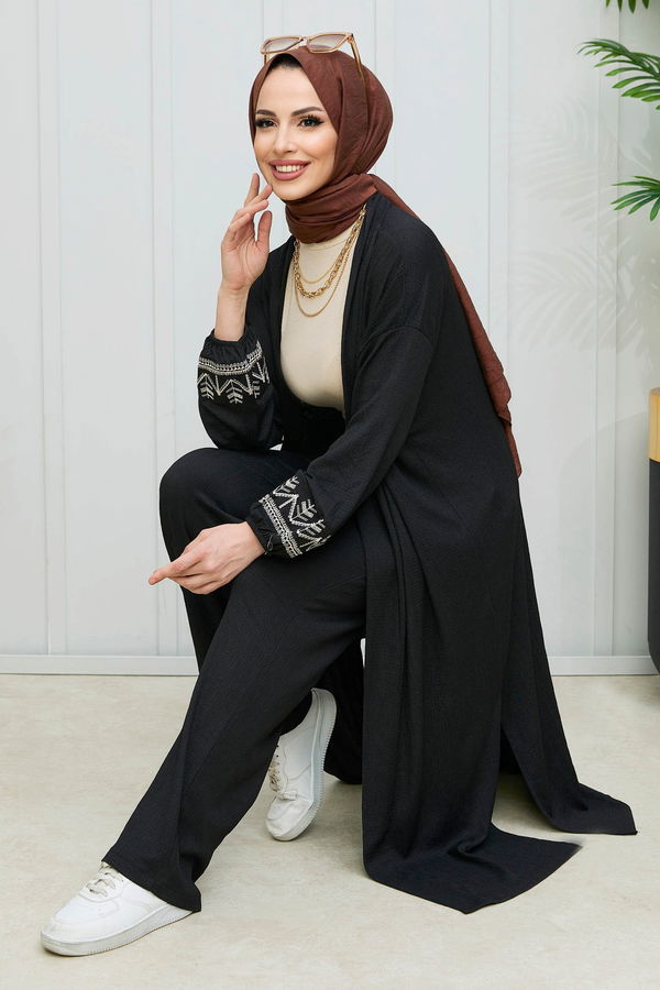 Düz Orta Kadın Siyah Kimono+Pantolon - 21988 SİYAH