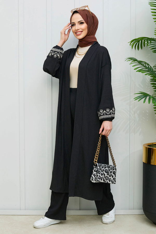 Düz Orta Kadın Siyah Kimono+Pantolon - 21988 SİYAH
