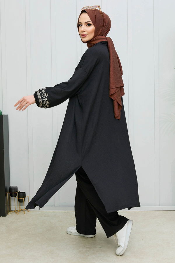 Düz Orta Kadın Siyah Kimono+Pantolon - 21988 SİYAH