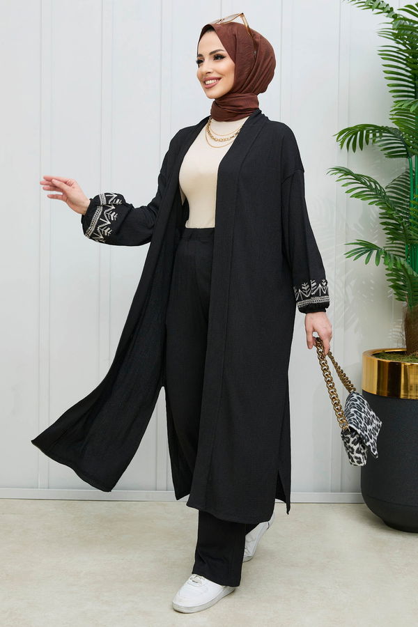 Düz Orta Kadın Siyah Kimono+Pantolon - 21988 SİYAH