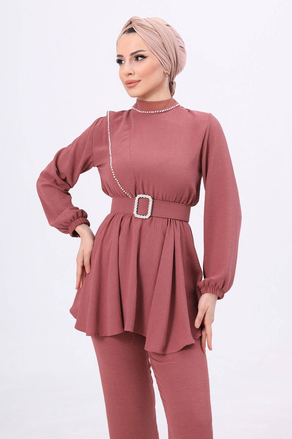 Düz Hakim Yaka Kadın Pembe Tunik Pantolon - 21991 PEMBE