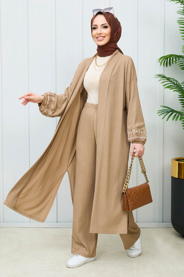 Düz Orta Kadın Vizon Kimono+Pantolon - 21988 VİZON